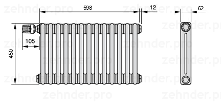 Схема (чертеж) Радиатор Zehnder Charleston 2045/13 №V011 Белый глянцевый RAL 9016